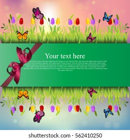 Very high quality original trendy banner with grass, chamomile, Tulip and butterfly and realistic ribbon