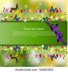 Very high quality original trendy banner with grass, chamomile, Tulip and butterfly and realistic ribbon