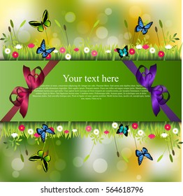 Very high quality original trendy banner with grass, chamomile, butterfly and realistic ribbon