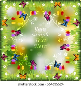 Very high quality original trendy illustration of grass with flowers and butterfly frame for text or card