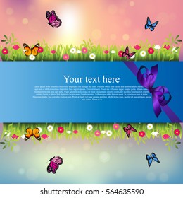 Very high quality original trendy banner with grass, chamomile, butterfly and realistic ribbon
