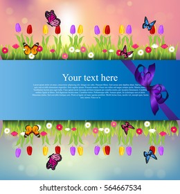 Very high quality original trendy banner with grass, chamomile, Tulip and butterfly and realistic ribbon