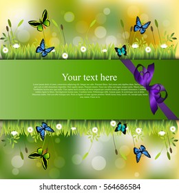 Very high quality original trendy banner with grass, chamomile, butterfly and realistic ribbon