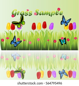 Very high quality original trendy illustration of grass with flowers, chamomile, tulip and butterfly