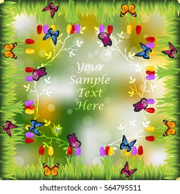 Very high quality original trendy illustration of grass with flowers and butterfly frame for text or card