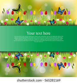 Very high quality original trendy banner with grass, flowers, chamomile, Tulip and butterfly