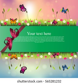 Very high quality original trendy banner with grass, chamomile, butterfly and realistic ribbon