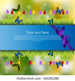 Very high quality original trendy banner with grass, chamomile, Tulip and butterfly and realistic ribbon