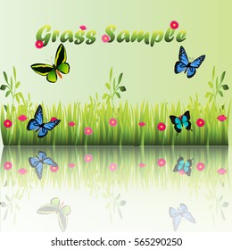 Very high quality original trendy illustration of grass with flowers, chamomile and butterfly