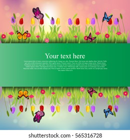 Very high quality original trendy banner with grass, flowers, chamomile, Tulip and butterfly