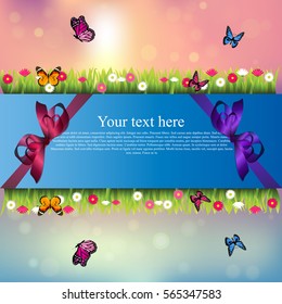 Very high quality original trendy banner with grass, chamomile, butterfly and realistic ribbon