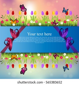 Very high quality original trendy banner with grass, chamomile, Tulip and butterfly and realistic ribbon