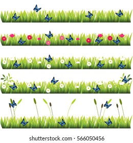 Very high quality original trendy set of grass with flowers and butterflies