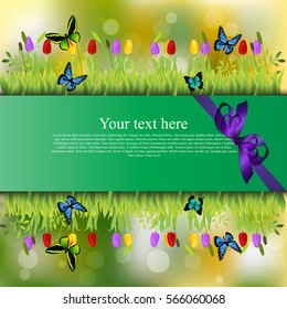 Very high quality original trendy banner with grass, chamomile, Tulip and butterfly and realistic ribbon