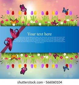 Very high quality original trendy banner with grass, chamomile, Tulip and butterfly and realistic ribbon