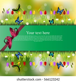 Very high quality original trendy banner with grass, chamomile, Tulip and butterfly and realistic ribbon