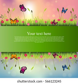 Very high quality original trendy banner with grass, flowers, chamomile and butterfly
