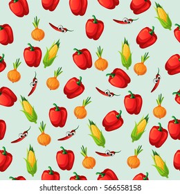 Very high quality original trendy seamless pattern with corn cob and red pepper, onion