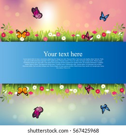 Very high quality original trendy banner with grass, flowers, chamomile and butterfly