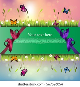 Very high quality original trendy banner with grass, chamomile, butterfly and realistic ribbon