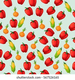 Very high quality original trendy seamless pattern with corn cob and red pepper, onion