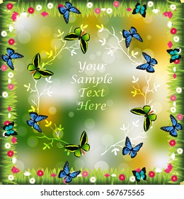 Very high quality original trendy illustration of grass with flowers and butterfly frame for text or card