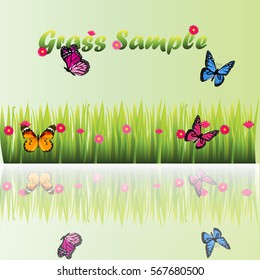 Very high quality original trendy illustration of grass with flowers, chamomile and butterfly