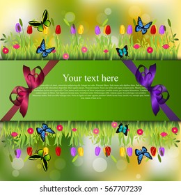 Very high quality original trendy banner with grass, chamomile, Tulip and butterfly and realistic ribbon