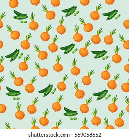 Very high quality original trendy vector seamless pattern with green peas pods and onion