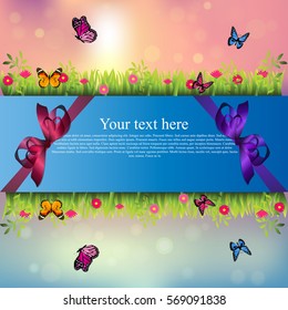 Very high quality original trendy banner with grass, chamomile, butterfly and realistic ribbon