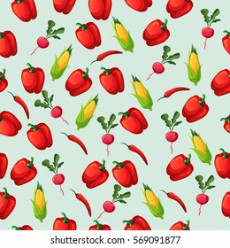 Very high quality original trendy seamless pattern with corn cob and red pepper, radish