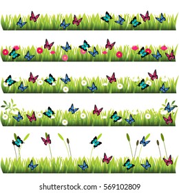 Very high quality original trendy set of grass with flowers and butterflies