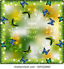 Very high quality original trendy illustration of grass with flowers and butterfly frame for text or card