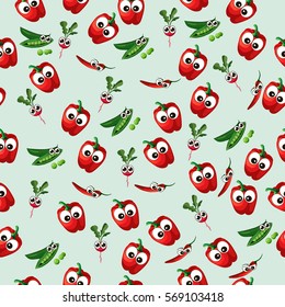 Very high quality original trendy vector seamless pattern with green peas pods and red pepper, radish