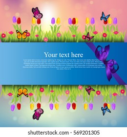 Very high quality original trendy banner with grass, chamomile, Tulip and butterfly and realistic ribbon