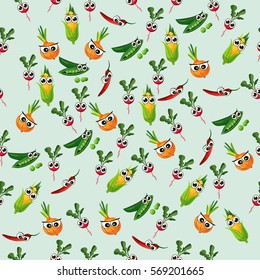 Very high quality original trendy vector seamless pattern with green peas pods and other vegetables