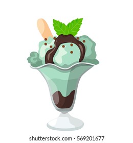 Very high quality original trendy illustration of chocolate and mint ice cream in a glass