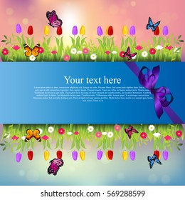 Very high quality original trendy banner with grass, chamomile, Tulip and butterfly and realistic ribbon