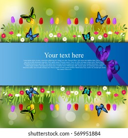 Very high quality original trendy banner with grass, chamomile, Tulip and butterfly and realistic ribbon