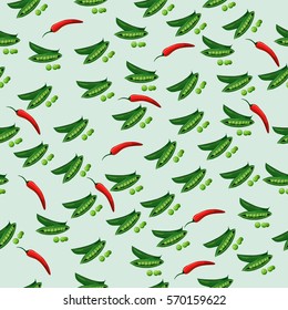 Very high quality original trendy vector seamless pattern with green peas pods and red pepper