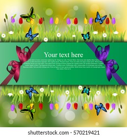 Very high quality original trendy banner with grass, chamomile, Tulip and butterfly and realistic ribbon