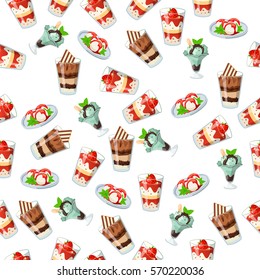 Very high quality original trendy seamless pattern with strawberry, chocolate and mint ice cream in a glass