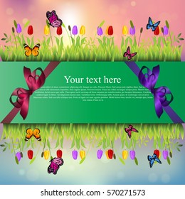 Very high quality original trendy banner with grass, chamomile, Tulip and butterfly and realistic ribbon