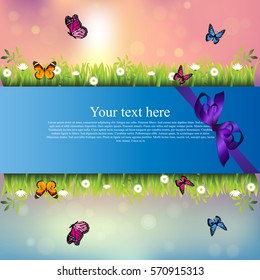 Very high quality original trendy banner with grass, chamomile, butterfly and realistic ribbon