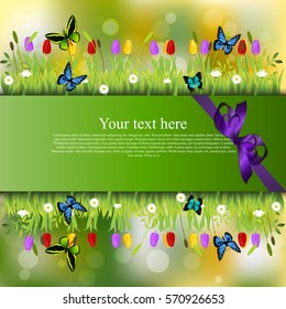 Very high quality original trendy banner with grass, chamomile, Tulip and butterfly and realistic ribbon