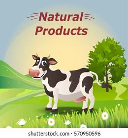 Very high quality original trendy vector illustration of cow and rural meadow with green grass