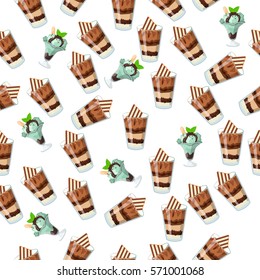 Very high quality original trendy seamless pattern with chocolate and mint ice cream in a glass