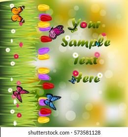 Very high quality original trendy illustration of grass with flowers, tulip and butterfly frame for text or card