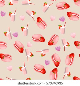 Very high quality original trendy vector seamless pattern with tasty strawberry macaroon cookie and milkshake