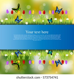 Very high quality original trendy banner with grass, flowers, chamomile, Tulip and butterfly